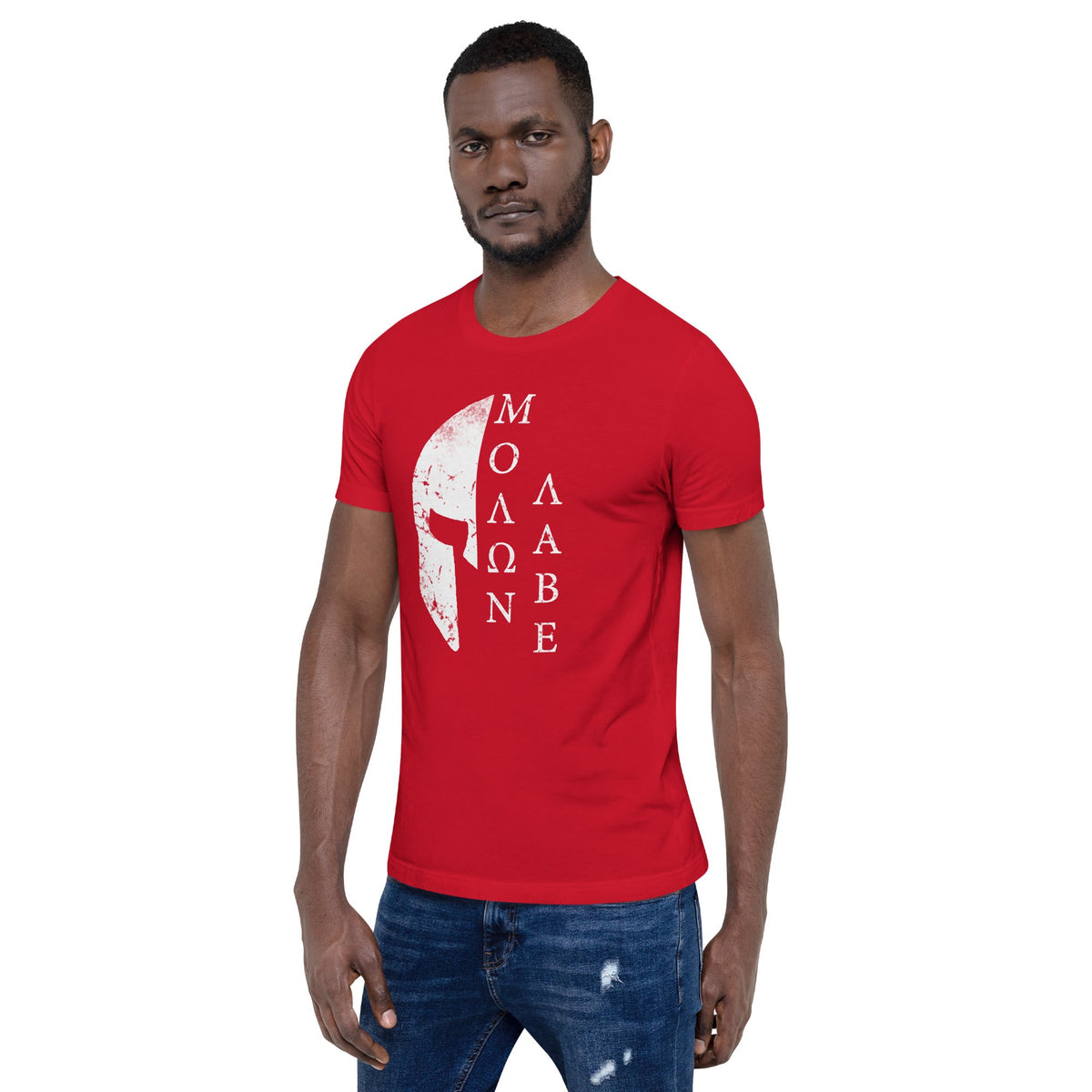 Red T-shirt with white Spartan helmet chest graphic and Greek letter design