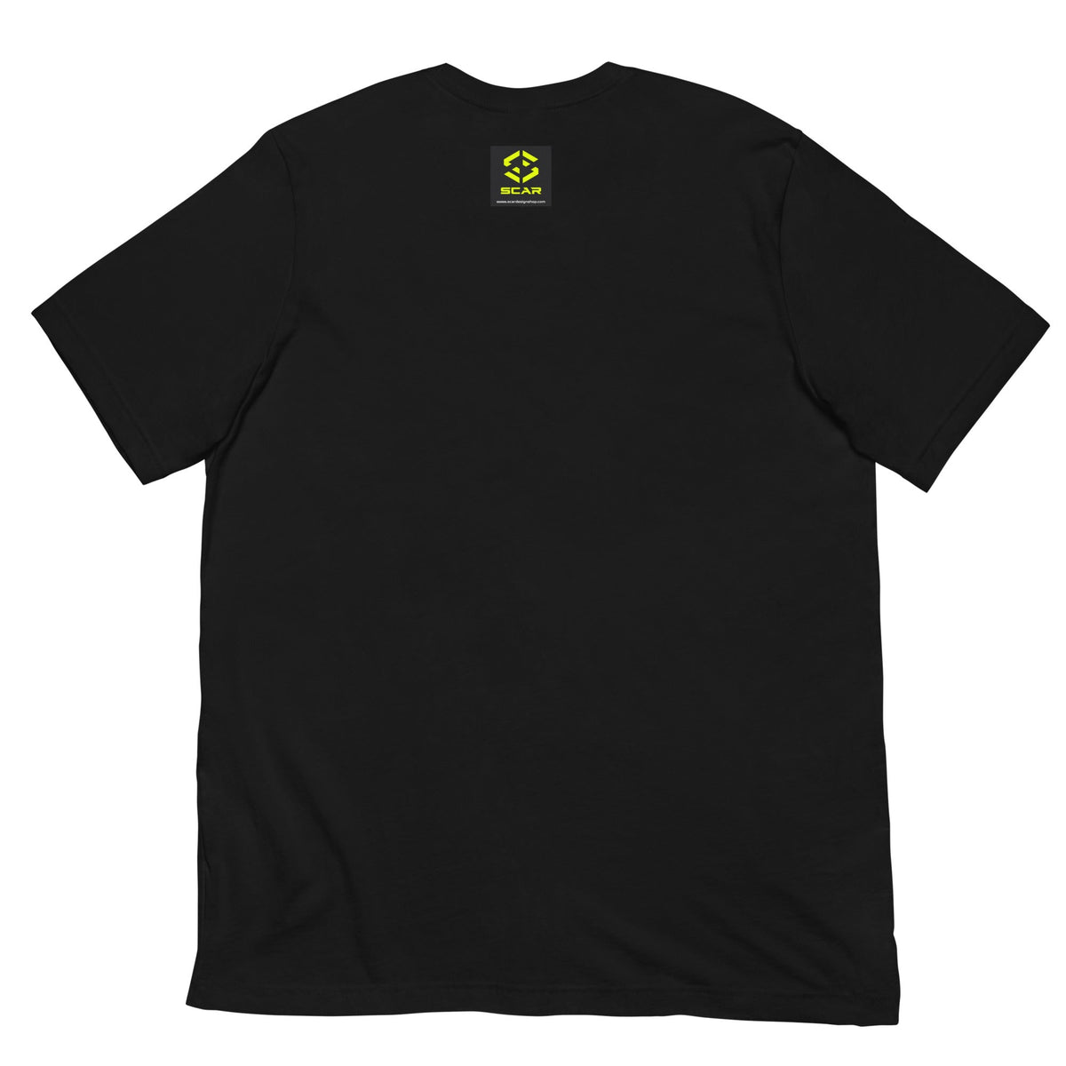 Black T-shirt with small yellow-and-green logo on the chest