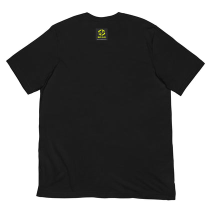 Black T-shirt with small yellow-and-green logo on the chest