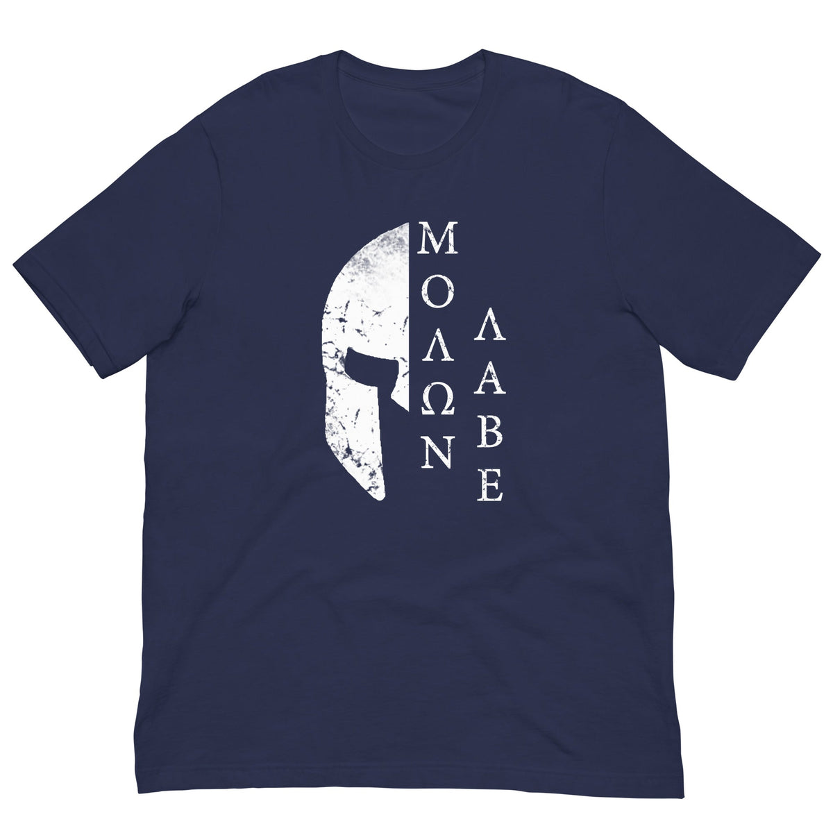 Navy T-shirt with white Spartan helmet chest graphic and Greek letter design