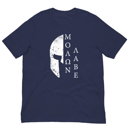 Navy T-shirt with white Spartan helmet chest graphic and Greek letter design