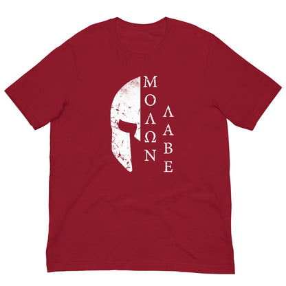 Red crew-neck T-shirt with white helmet graphic and Greek-style lettering