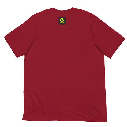 Red crew-neck T-shirt with small chest logo patch, plain front
