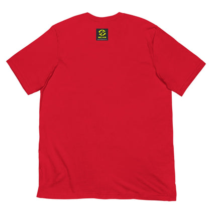 Red crew-neck T-shirt with small chest logo patch