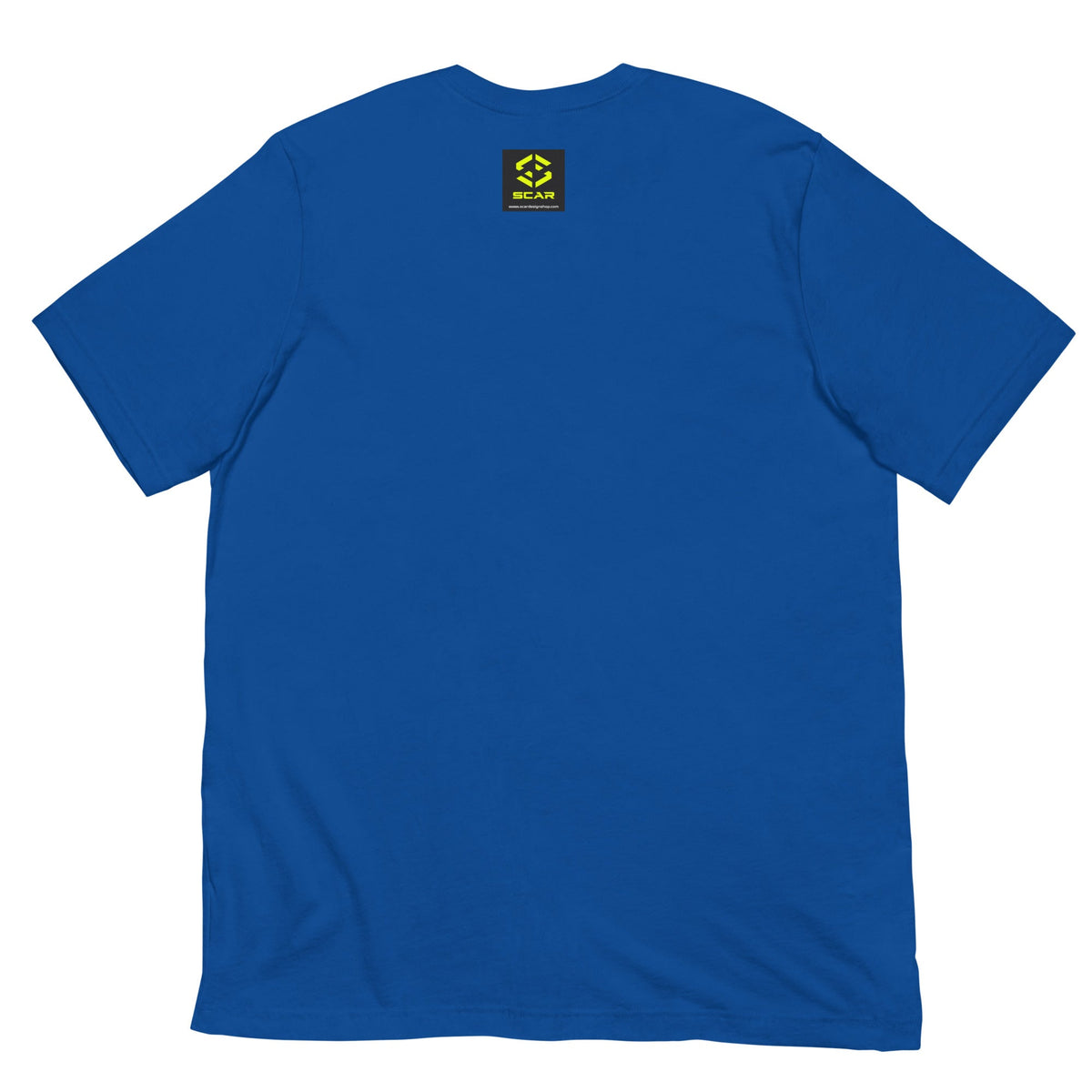Royal blue crew-neck T-shirt with small chest logo patch