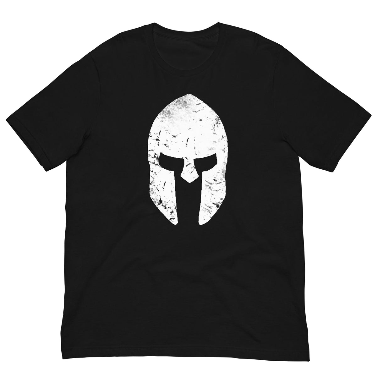 Black T-shirt with distressed white Spartan helmet skull graphic on front