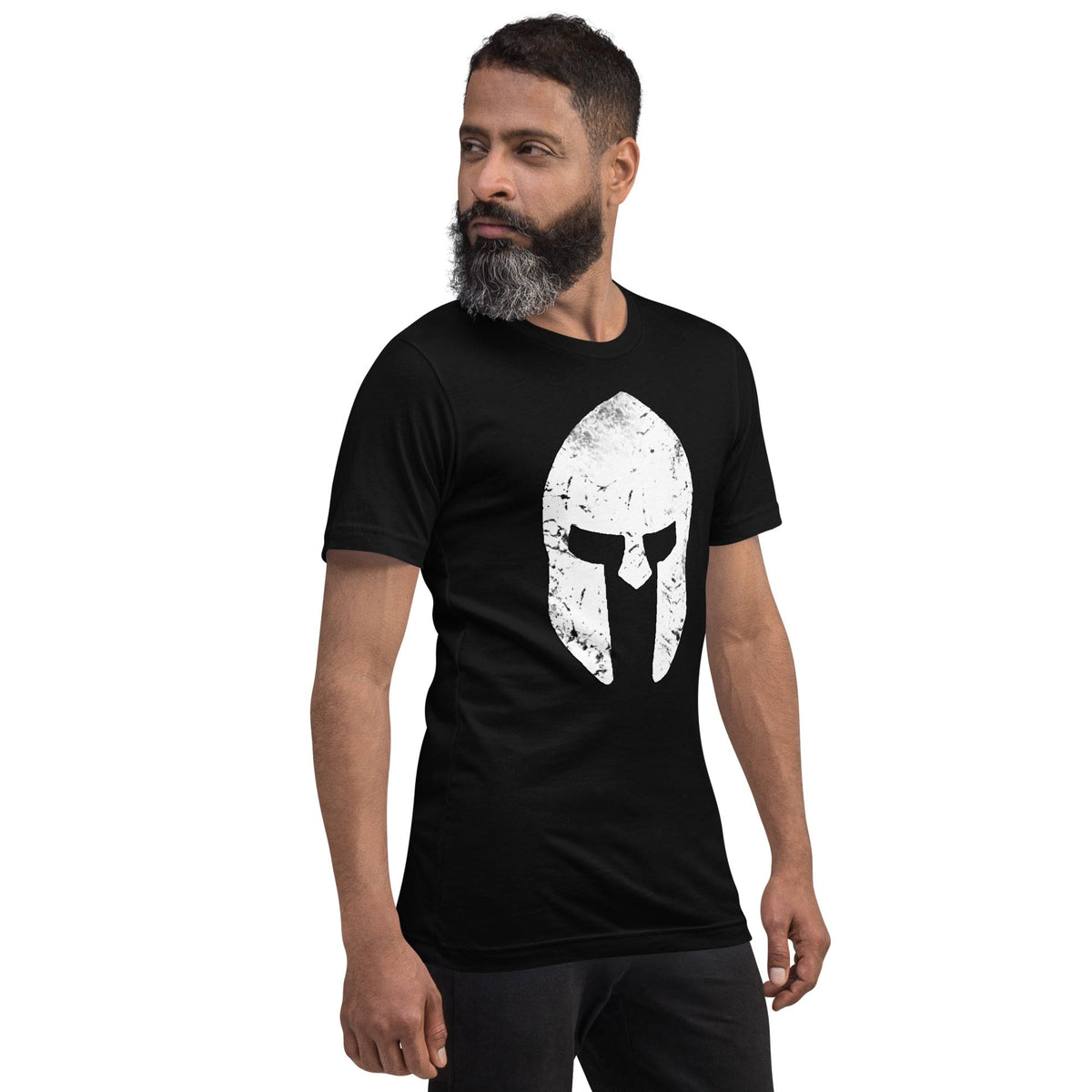 Black T-shirt with distressed white Spartan helmet skull graphic