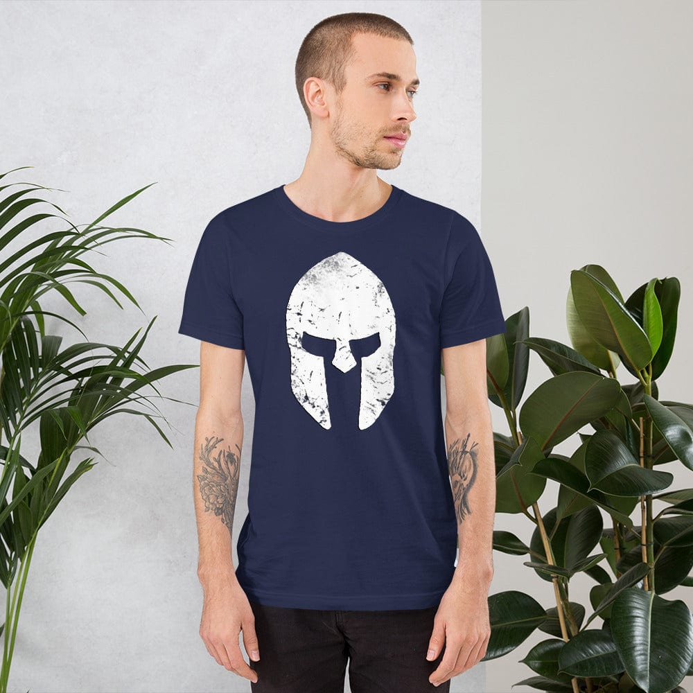 Navy T-shirt with distressed white Spartan helmet skull graphic on chest