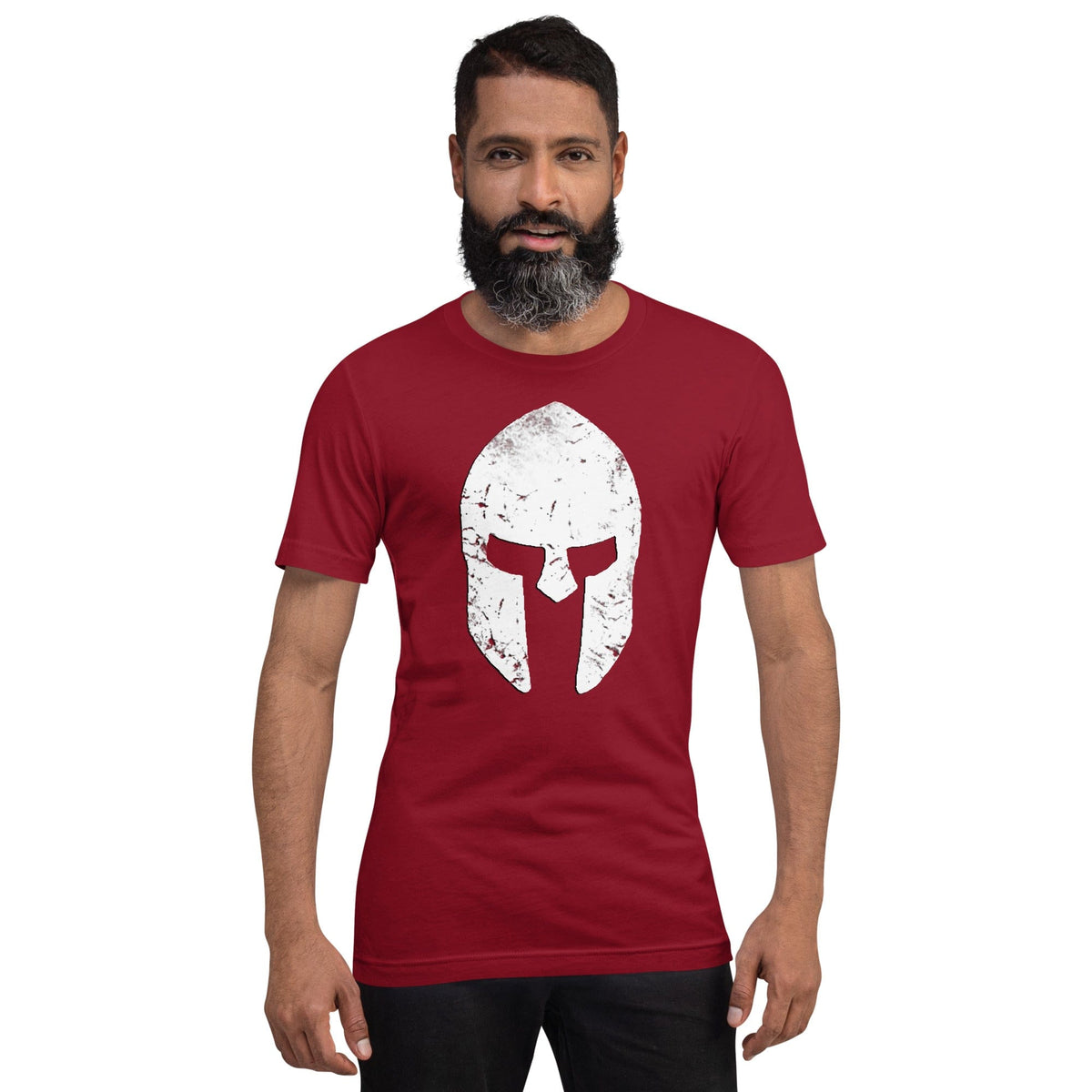 Cardinal red T-shirt with distressed white Spartan helmet skull graphic