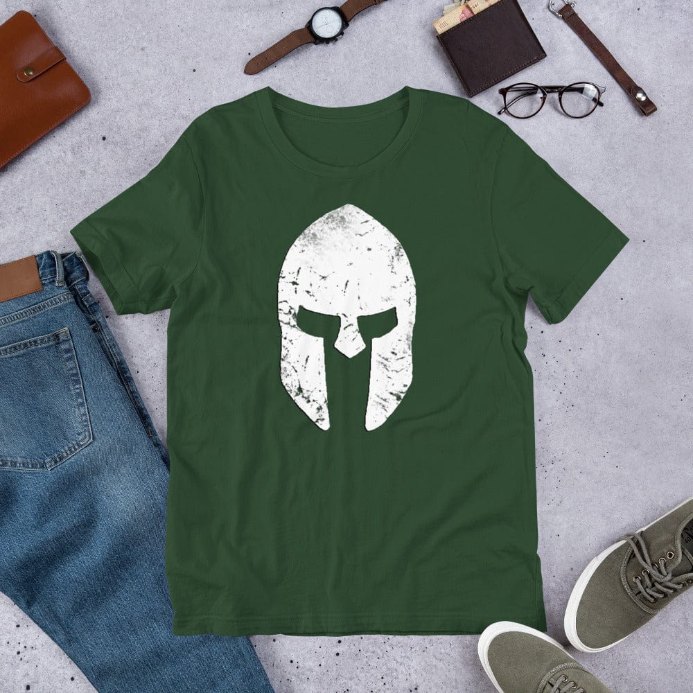 Forest green T-shirt with distressed white Spartan helmet skull graphic