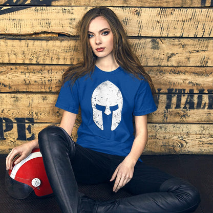 Blue T-shirt with distressed white Spartan helmet skull graphic
