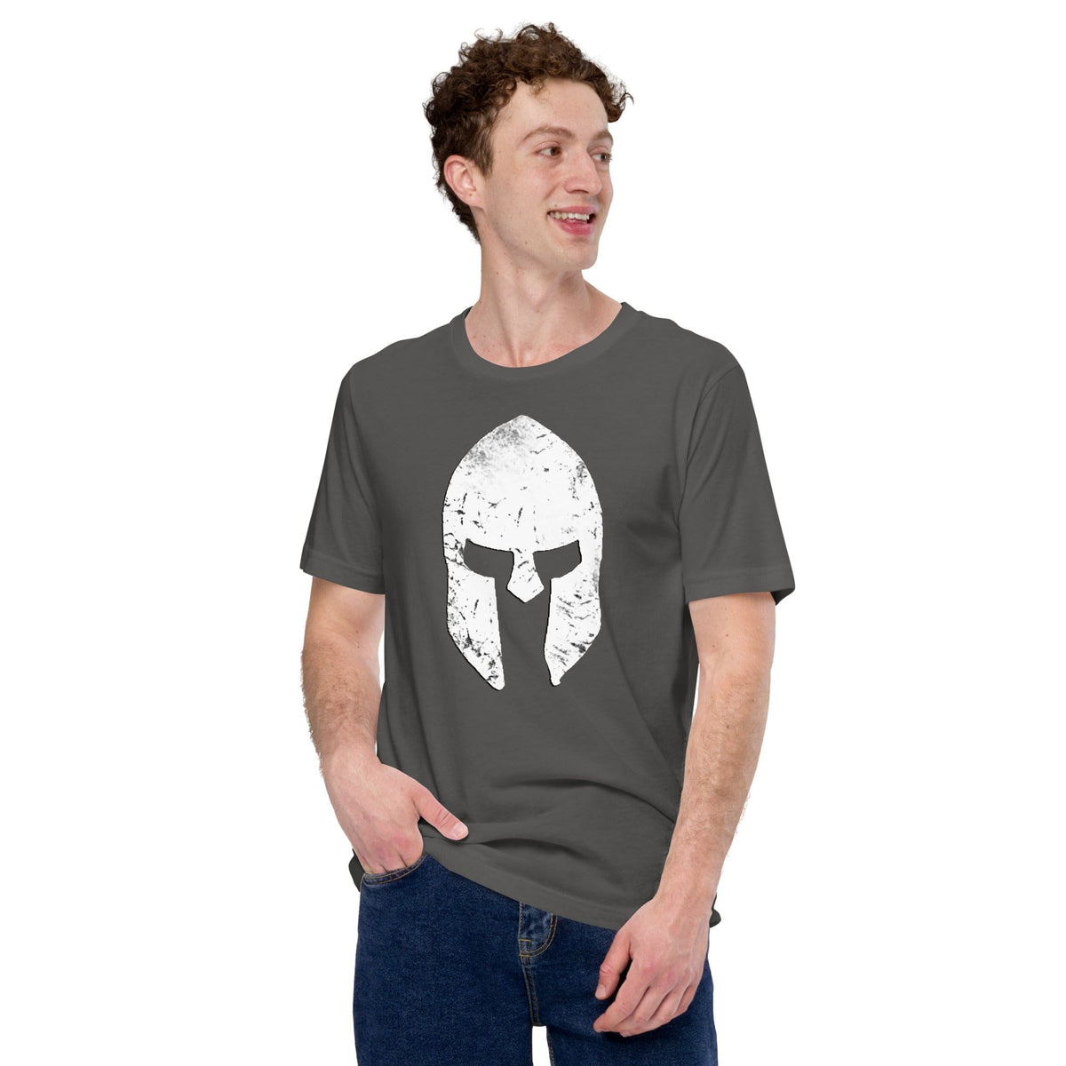 Asphalt gray T-shirt with distressed white Spartan helmet skull graphic