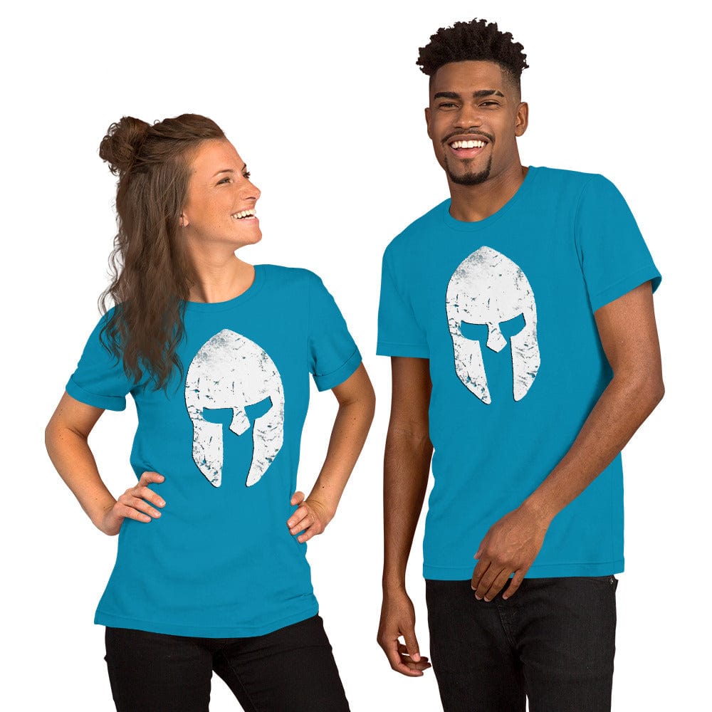 Aqua blue T-shirt with distressed white Spartan helmet skull graphic
