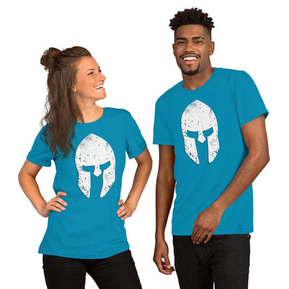 Aqua blue T-shirt with distressed white Spartan helmet skull graphic