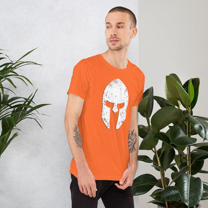 Orange T-shirt with distressed white Spartan helmet skull graphic