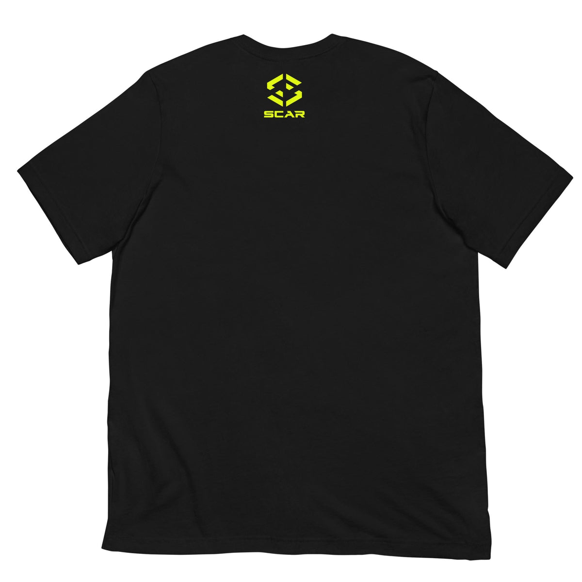 Black T-shirt with yellow SCAR logo graphic on front