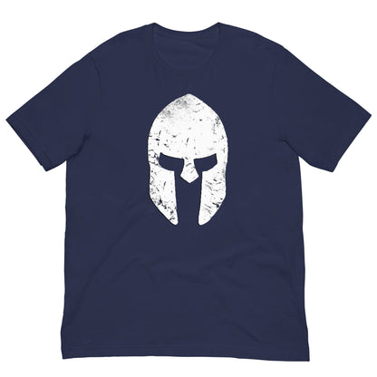 Navy T-shirt with distressed spartan helmet graphic on chest
