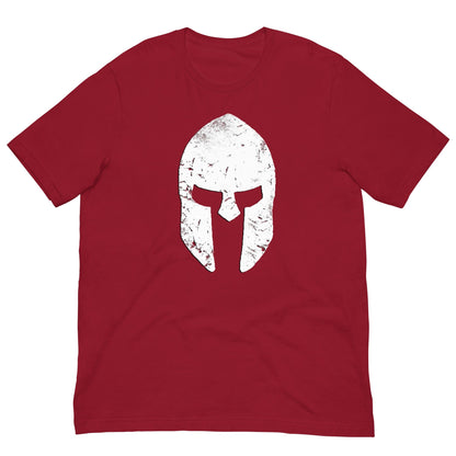 Red T-shirt with distressed spartan helmet graphic on chest