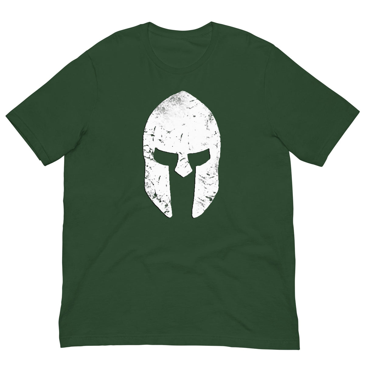 Green T-shirt with distressed spartan helmet graphic on chest