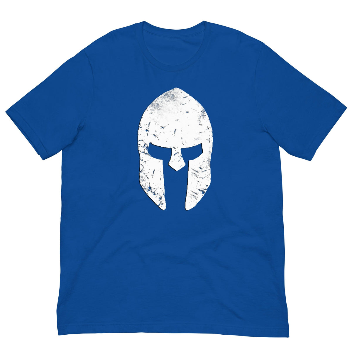 Blue T-shirt with distressed spartan helmet graphic on chest