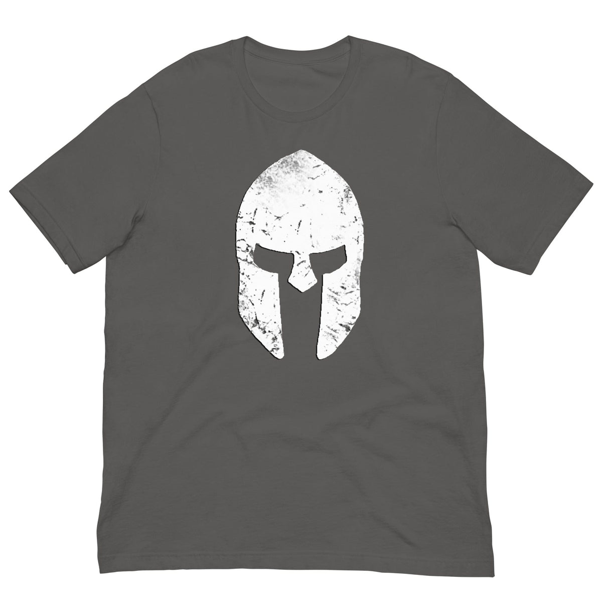 Gray T-shirt with distressed spartan helmet graphic on chest