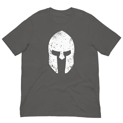Gray T-shirt with distressed spartan helmet graphic on chest