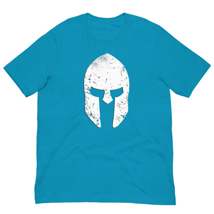 Spartan helmet T-shirt in aqua with white distressed helmet front graphic