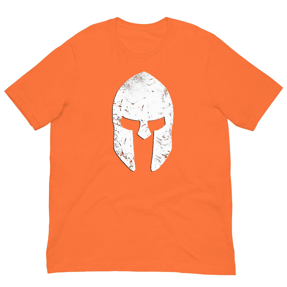 Spartan helmet T-shirt in orange with white distressed helmet front graphic