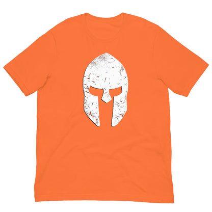 Spartan helmet T-shirt in orange with white distressed helmet front graphic