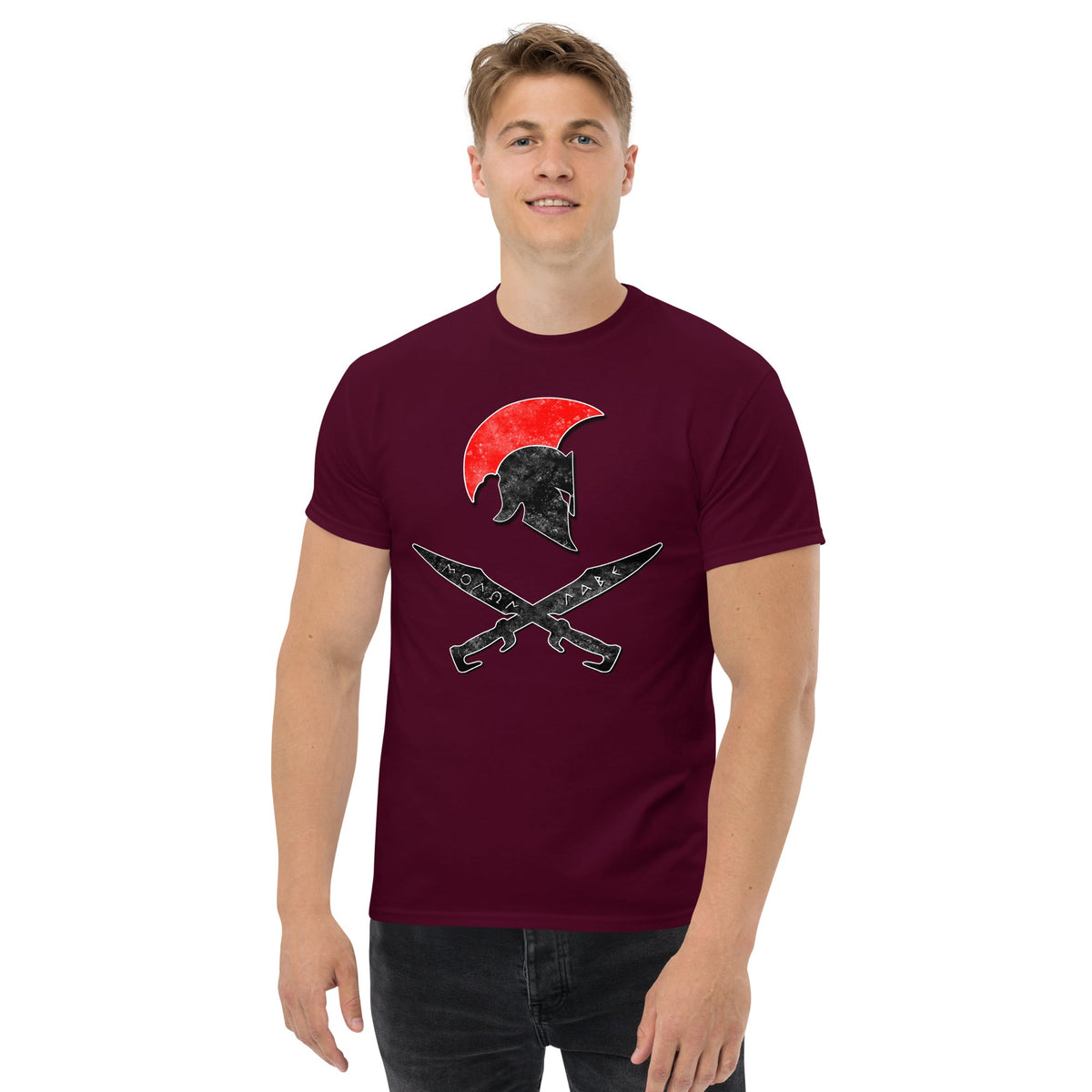Maroon t-shirt with red sun Spartan helmet and crossed swords front graphic