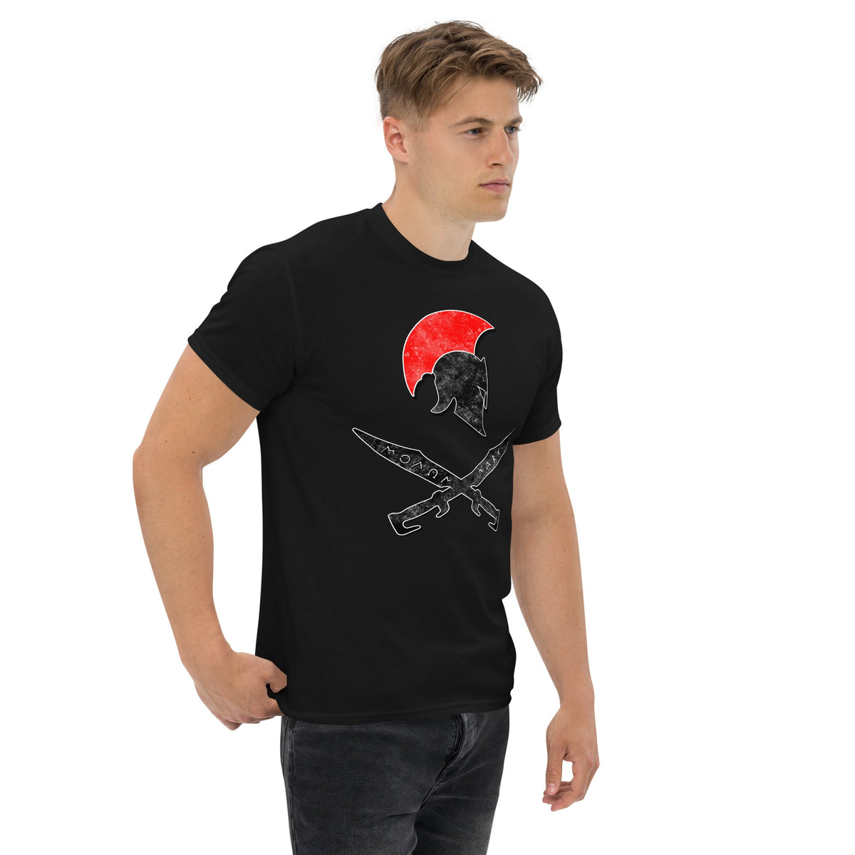 Black t-shirt with red sun Spartan helmet and crossed swords front graphic