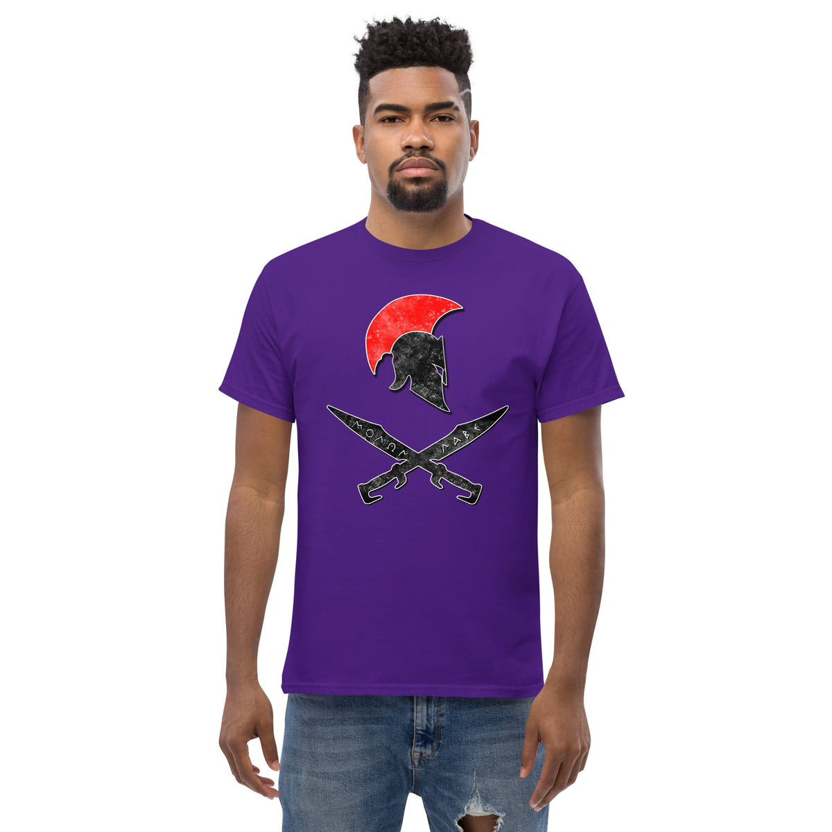 Purple t-shirt with red sun Spartan helmet and crossed swords front graphic