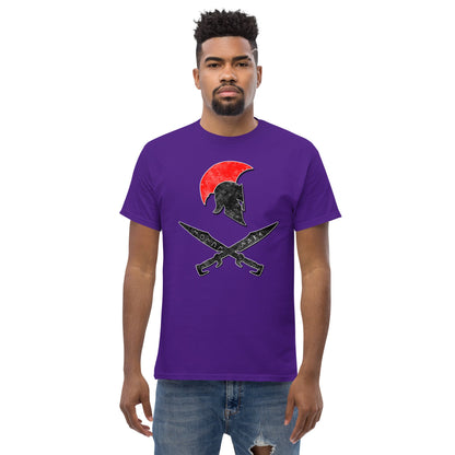 Purple t-shirt with red sun Spartan helmet and crossed swords front graphic