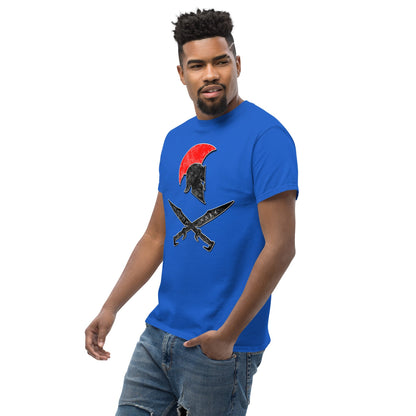 Royal blue t-shirt with red sun Spartan helmet and crossed swords front graphic