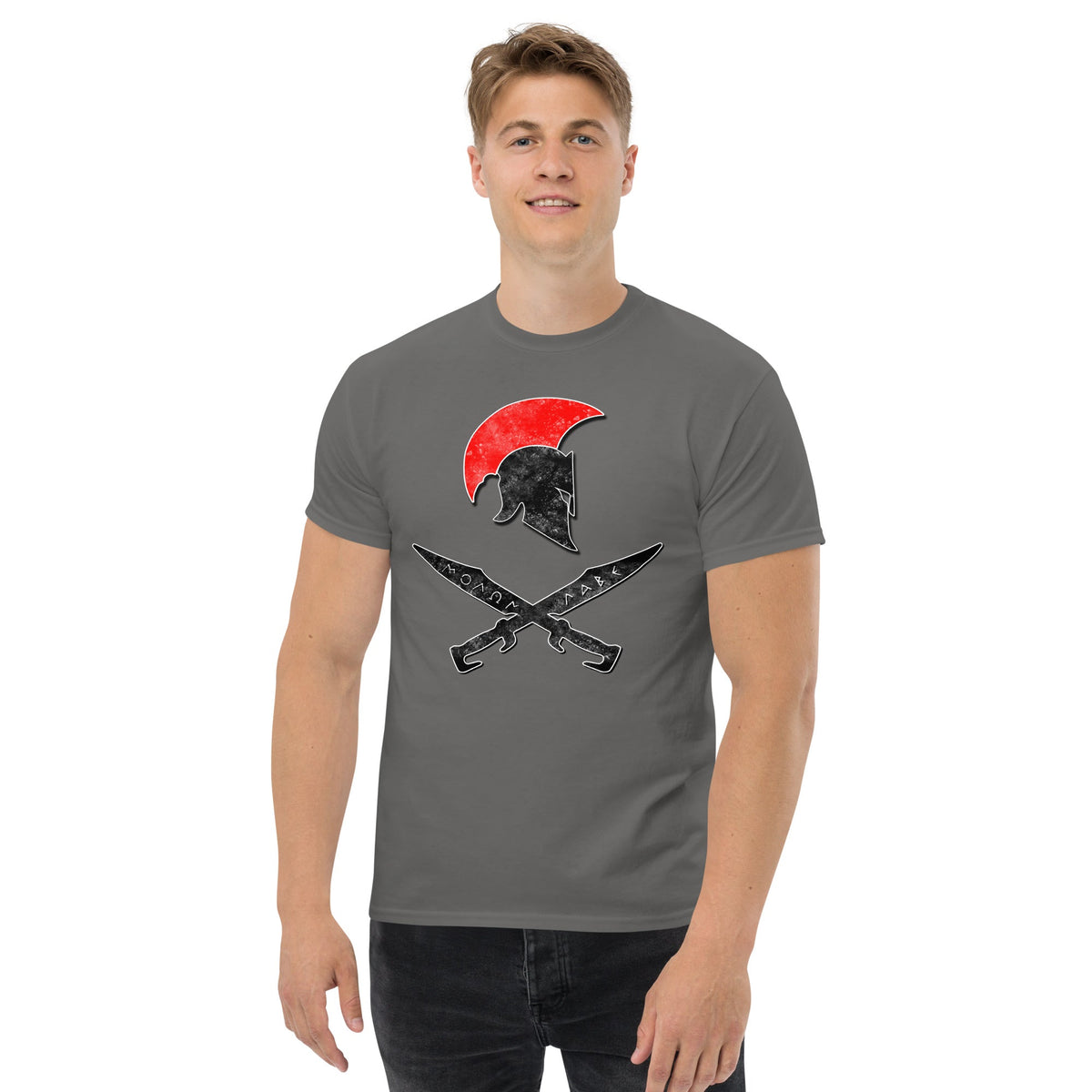Charcoal gray t-shirt with red sun Spartan helmet and crossed swords front graphic