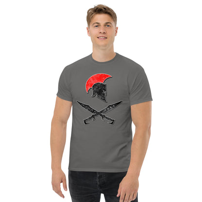Charcoal gray t-shirt with red sun Spartan helmet and crossed swords front graphic
