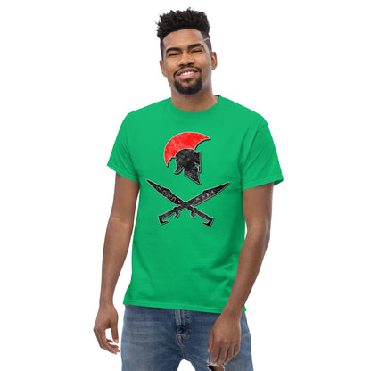 Irish green t-shirt with red sun Spartan helmet and crossed swords front graphic