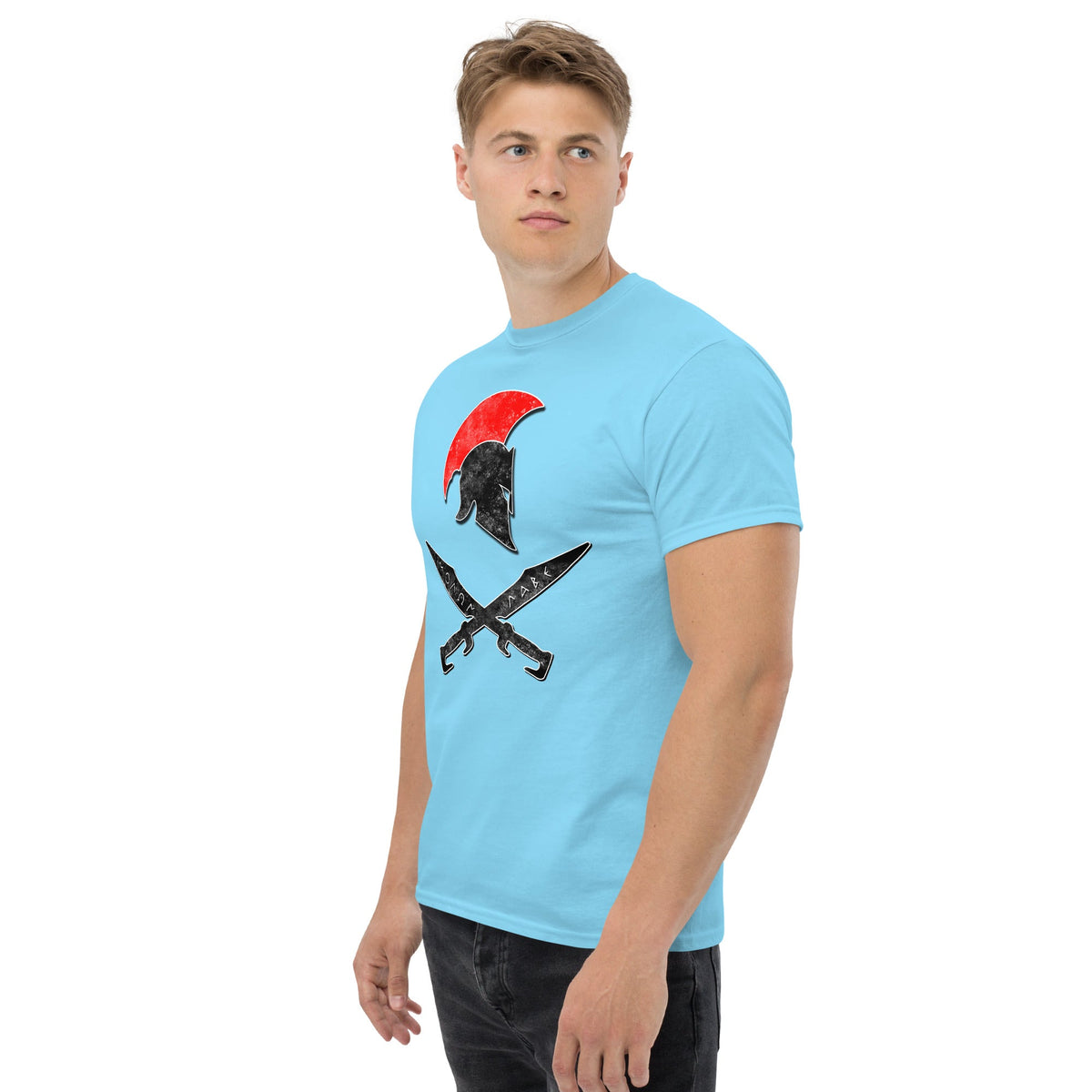 Sky blue t-shirt with red sun Spartan helmet and crossed swords front graphic