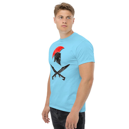Sky blue t-shirt with red sun Spartan helmet and crossed swords front graphic
