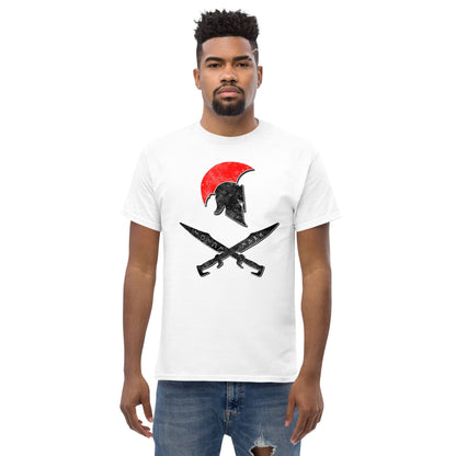 White t-shirt with red sun Spartan helmet and crossed swords front graphic