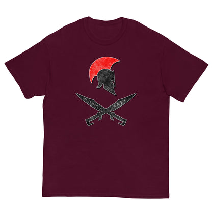 Maroon T-shirt with Spartan helmet and crossed swords graphic on front.
