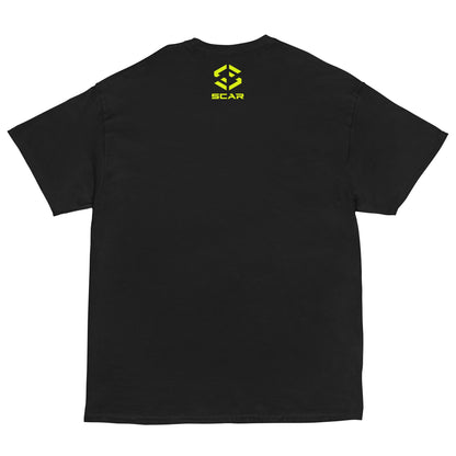 Black t-shirt with yellow SCAR logo on back neckline area