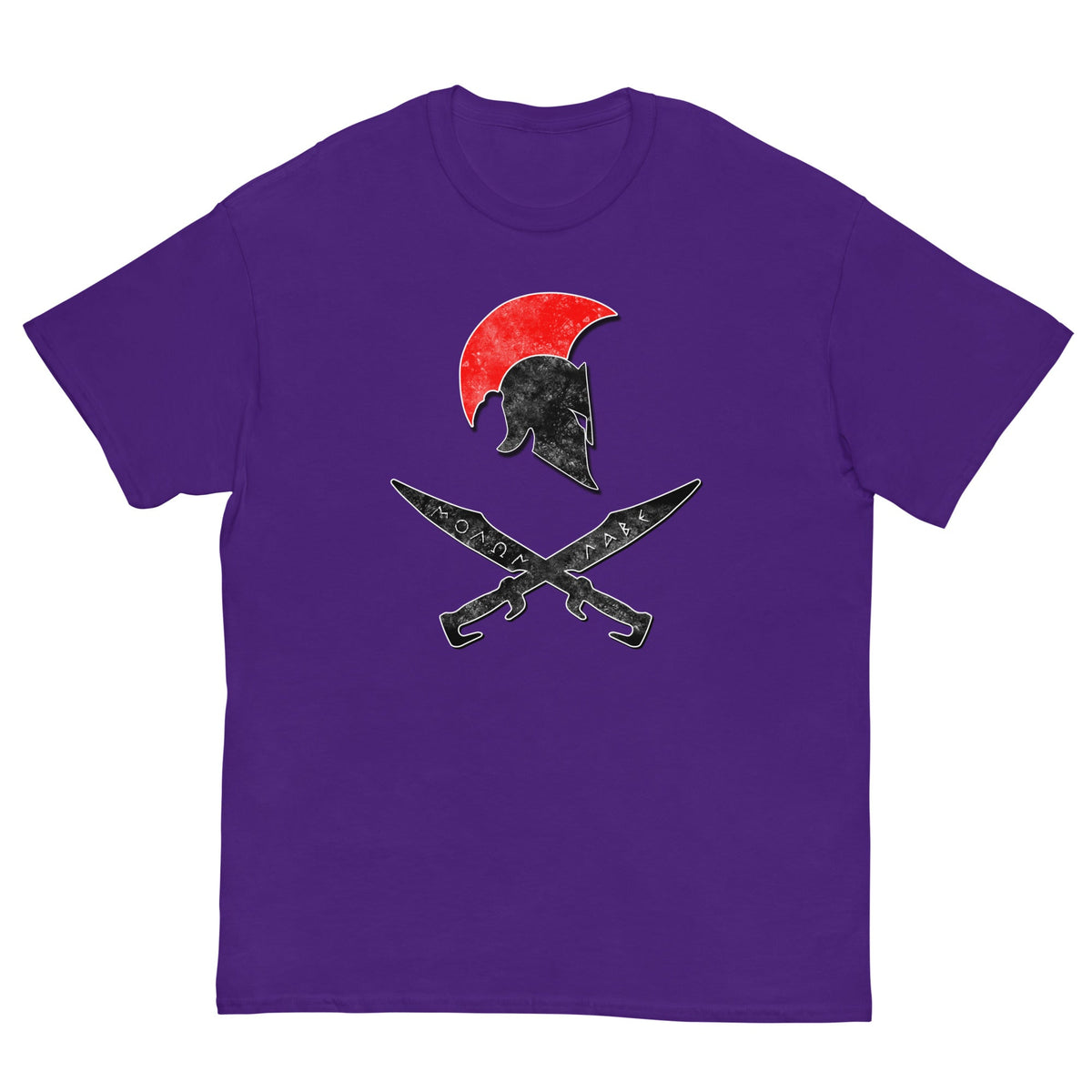 Purple T-shirt with Spartan helmet and crossed swords graphic on front.