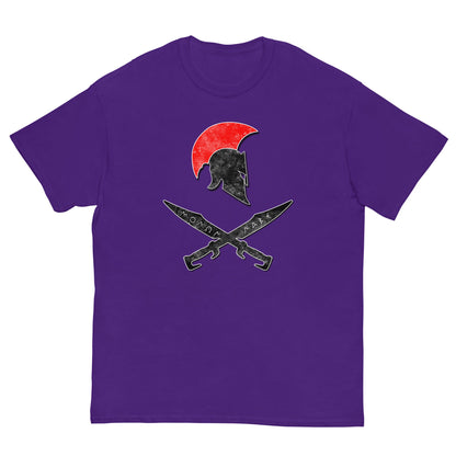 Purple T-shirt with Spartan helmet and crossed swords graphic on front.