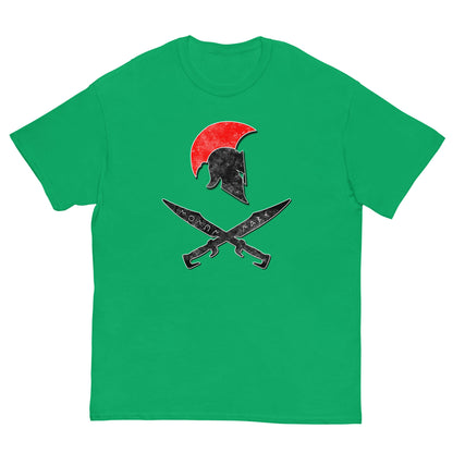 Irish green T-shirt with Spartan helmet and crossed swords graphic on front.