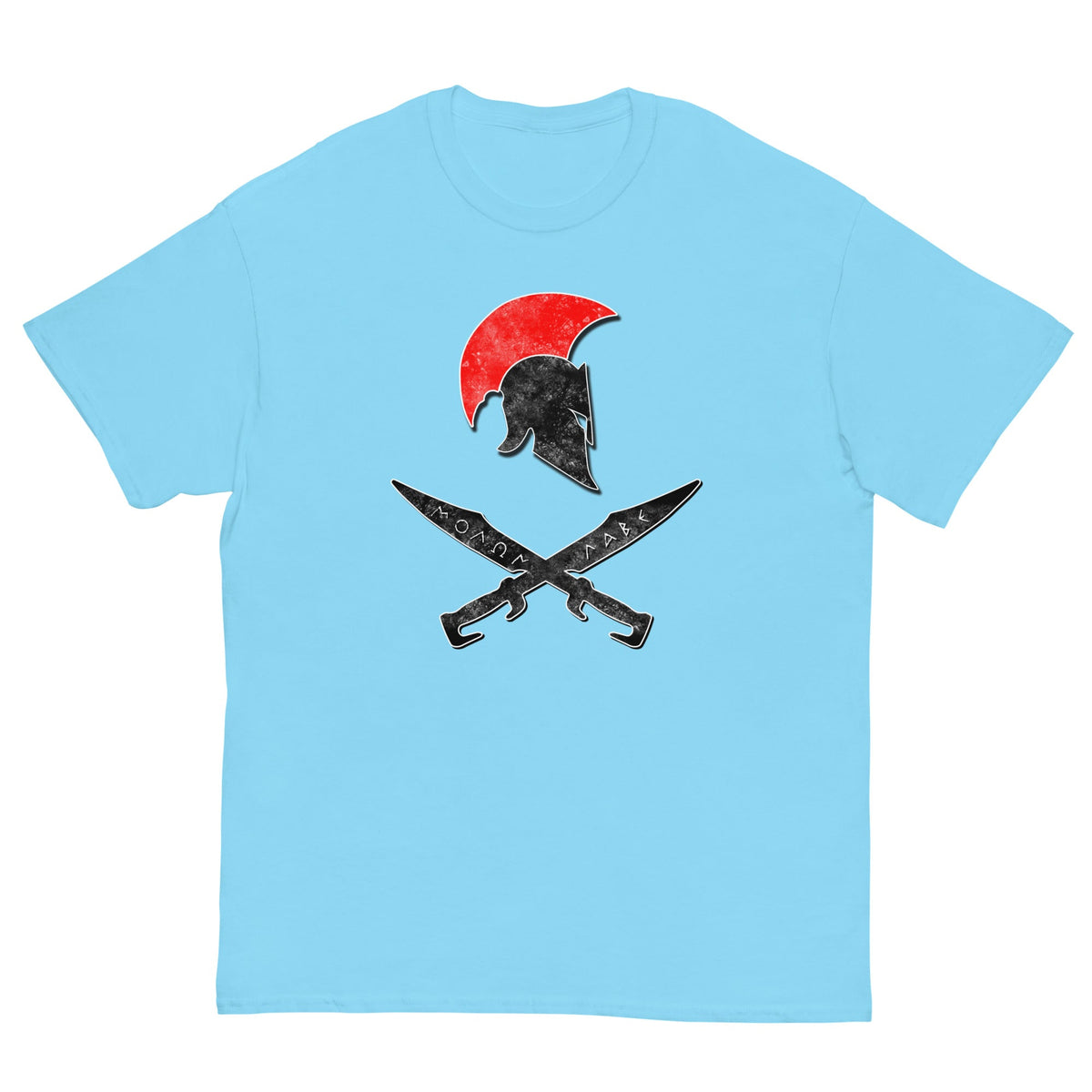 Light blue T-shirt with Spartan helmet and crossed swords graphic on front.