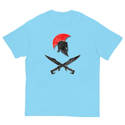 Light blue T-shirt with Spartan helmet and crossed swords graphic on front.