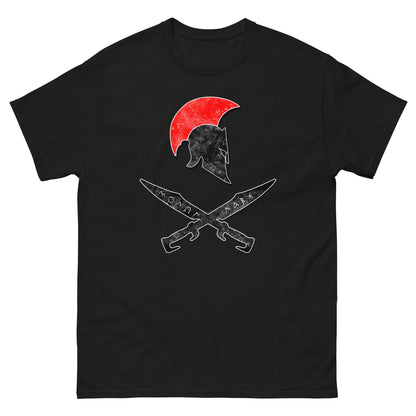 Black t-shirt with red sun Spartan helmet and crossed swords front graphic