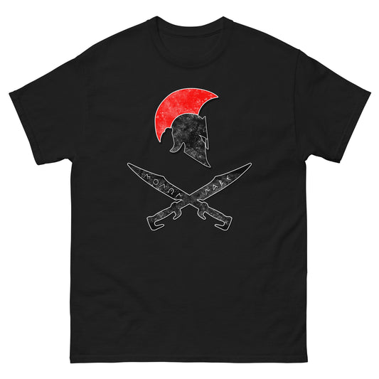 Black t-shirt with red sun Spartan helmet and crossed swords front graphic