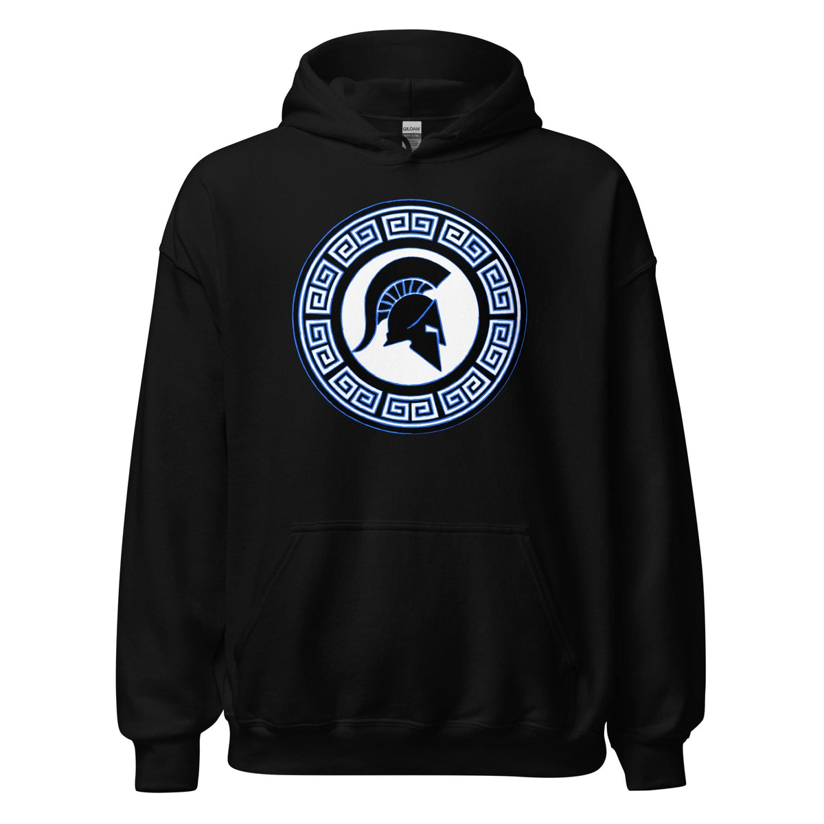 Black hoodie with hood, front pouch, and Spartan-style shield logo on chest.